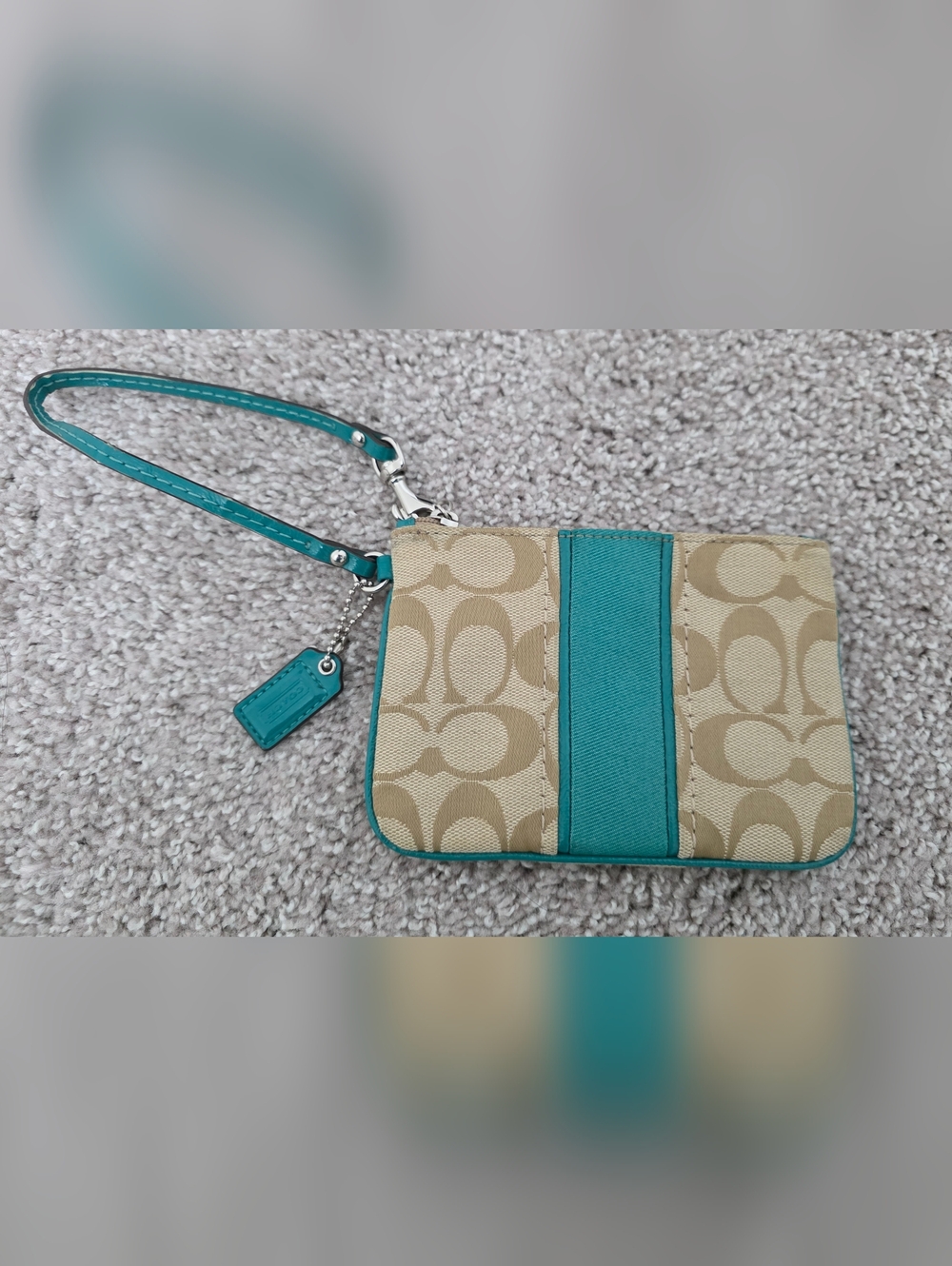 Coach Signature Stripe Small Wristlet in Khaki/Bright Jade
